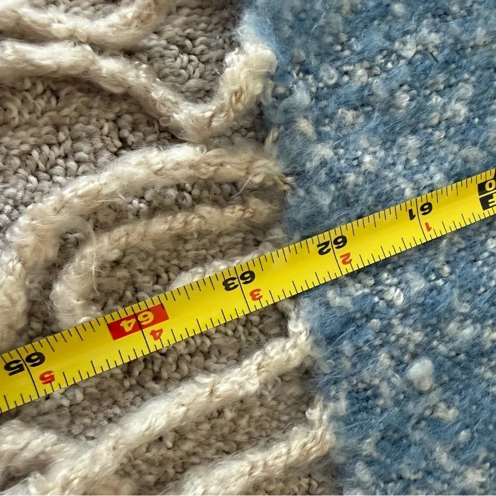 Pottery Barn Faux Mohair Blanket Blue Cream Throw Dipped Porch Fringe Warm Cozy